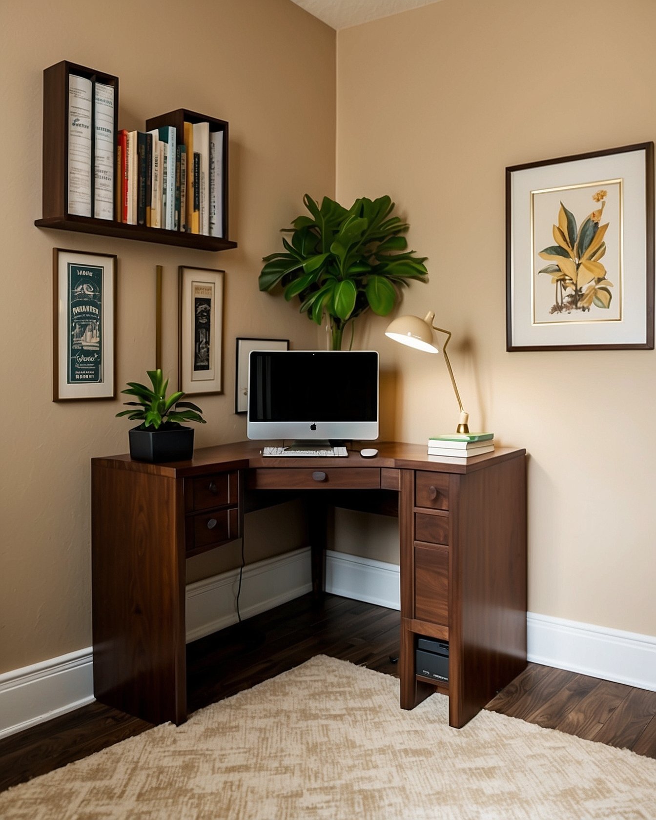 L-shaped walnut corner desk in modern home office setup