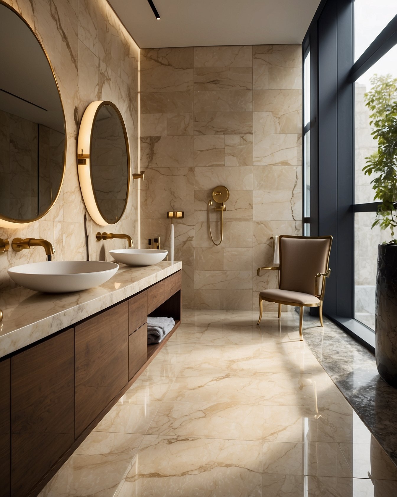 Large format 24x48 inch porcelain floor tile with warm cream marble look