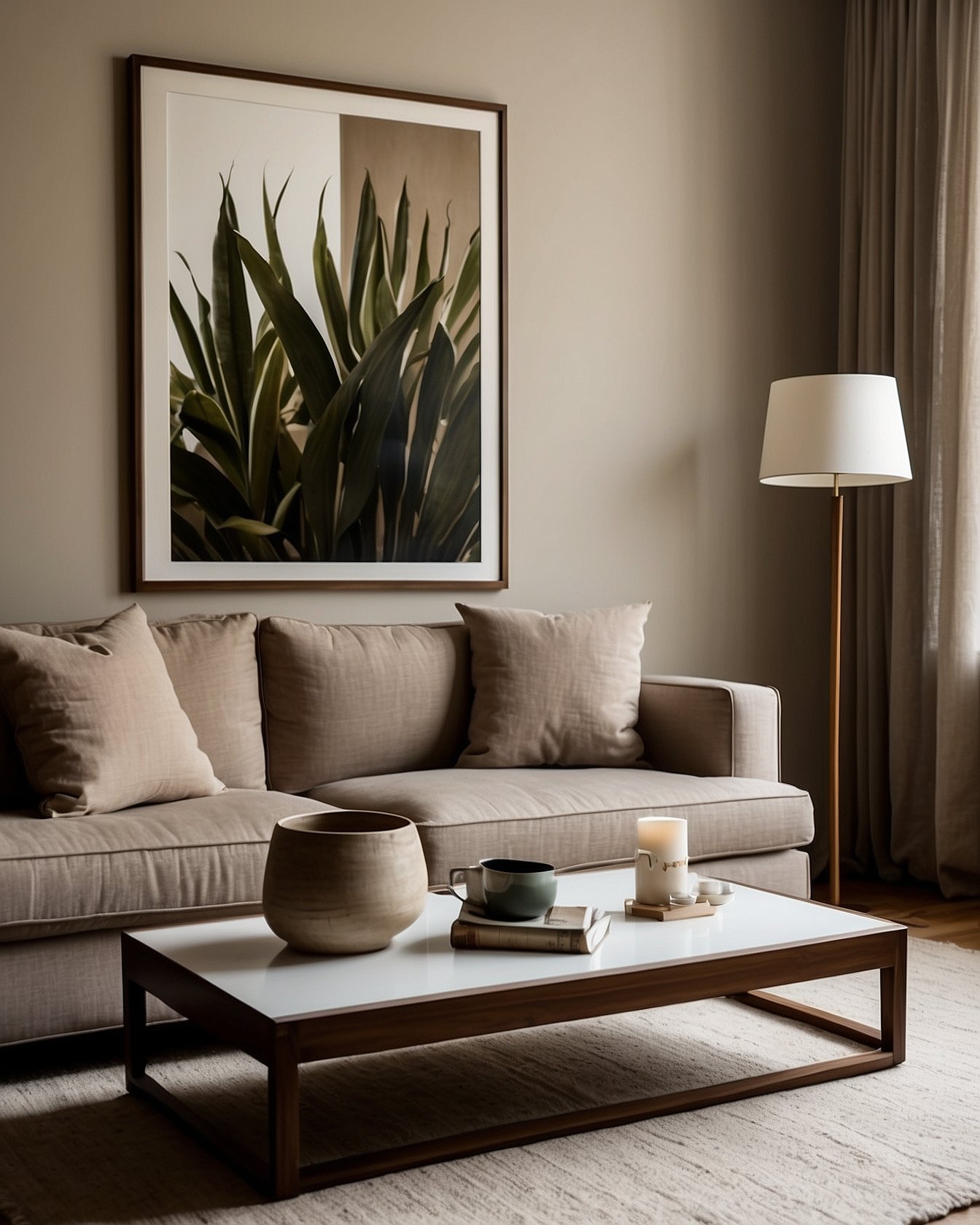 Large framed abstract canvas art above entryway console