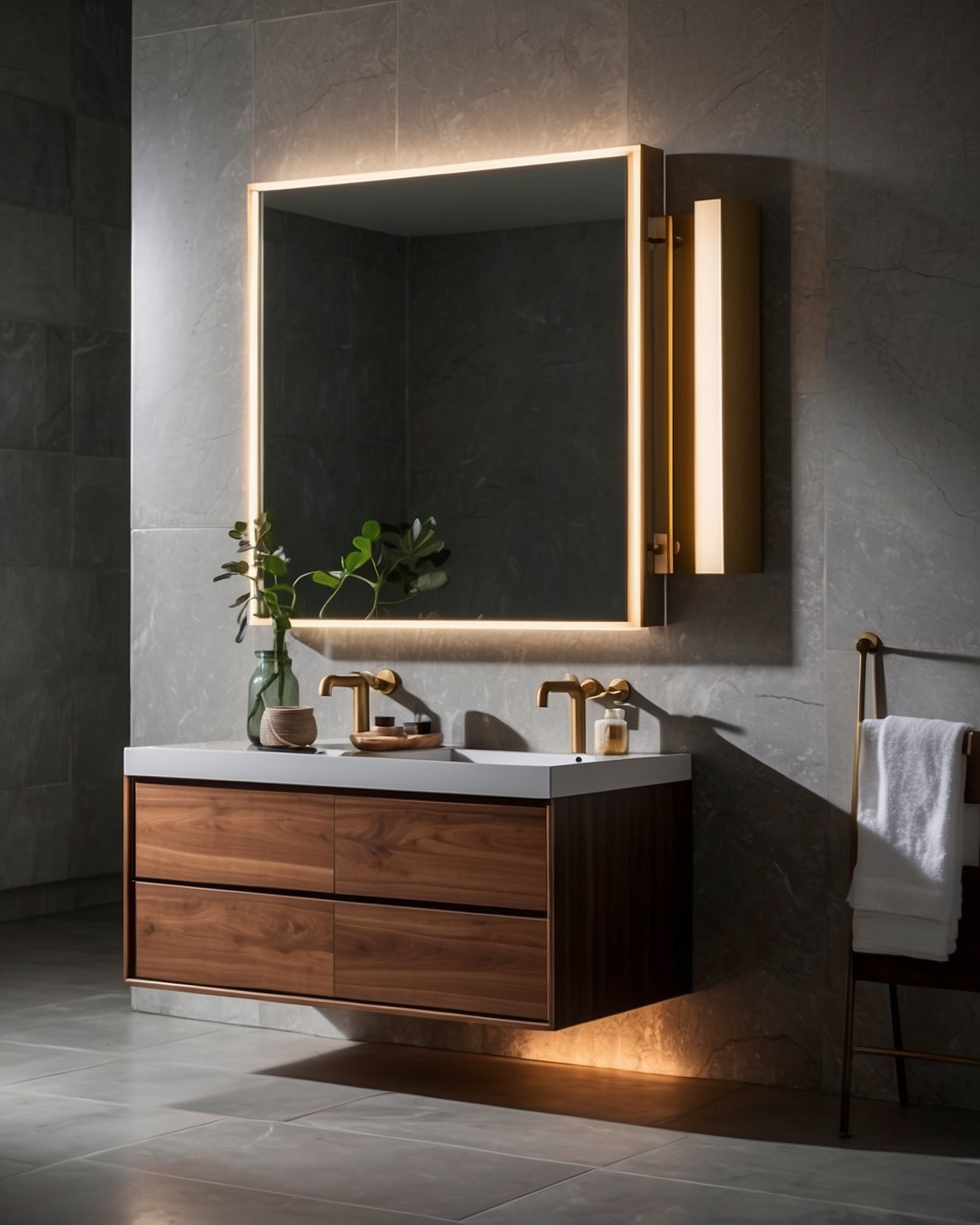 Large horizontal LED bathroom mirror above floating walnut double vanity