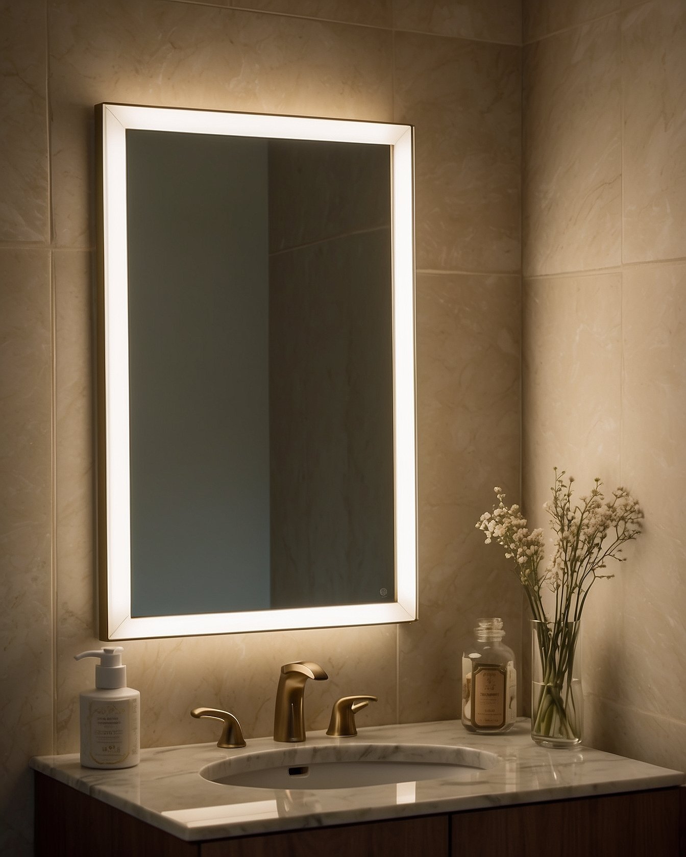 Rectangular LED bathroom mirror with thin brass frame and warm backlighting