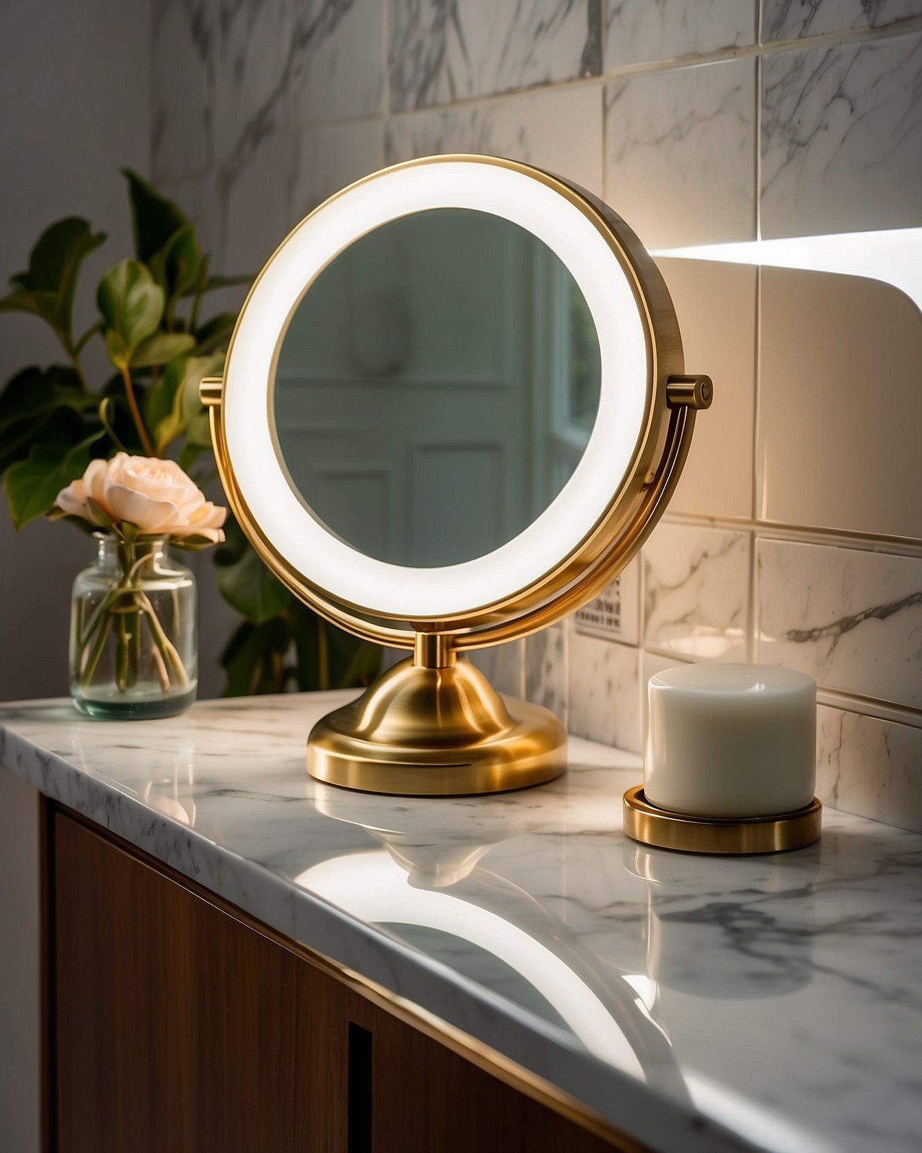 Small round tabletop LED makeup mirror on brass stand