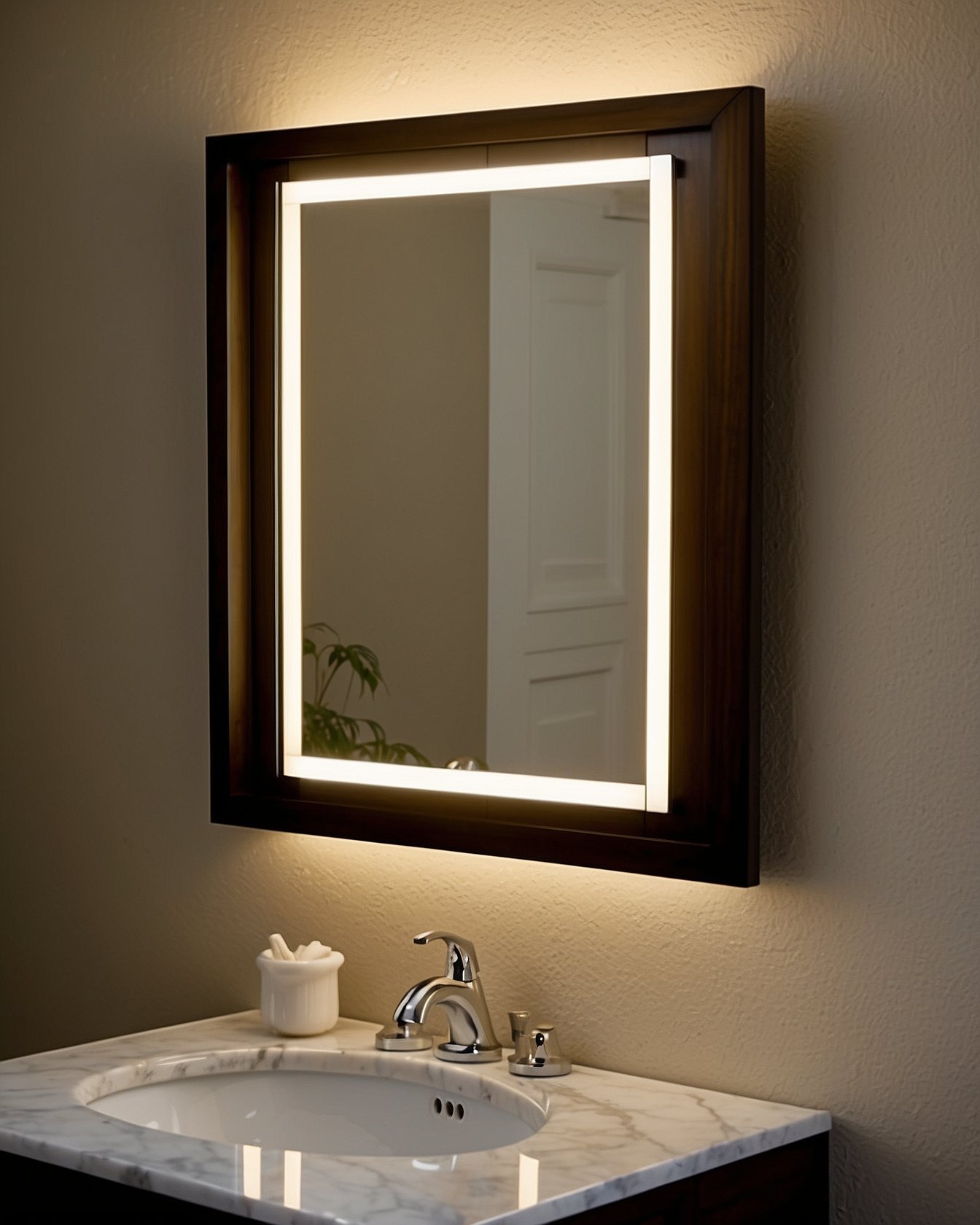 Aluminum framed rectangular LED bathroom mirror with warm backlighting