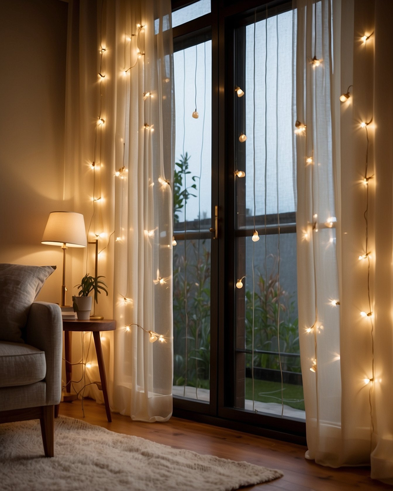 Warm white string lights hanging over patio seating area