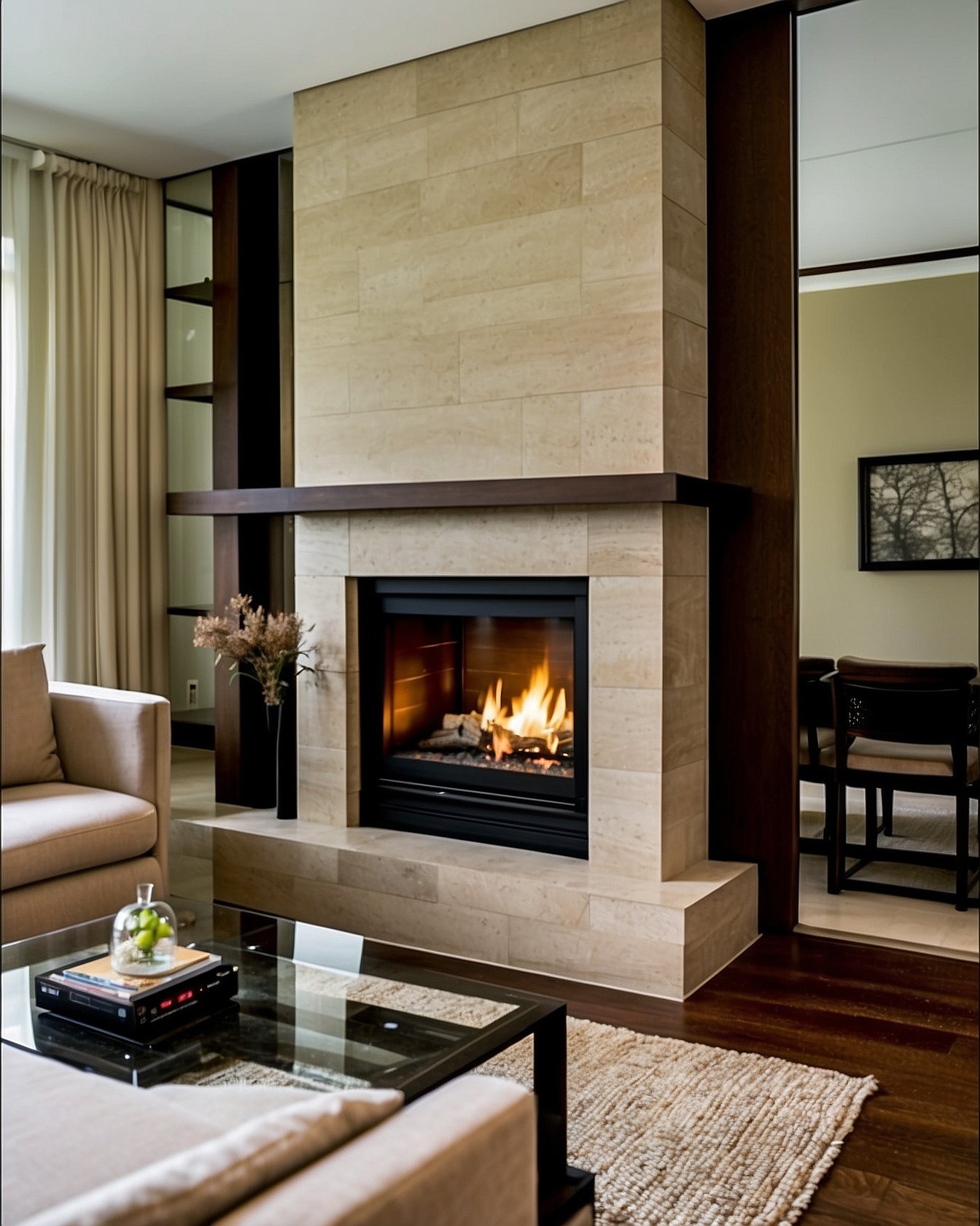 Modern beige limestone slab fireplace surround with walnut mantel