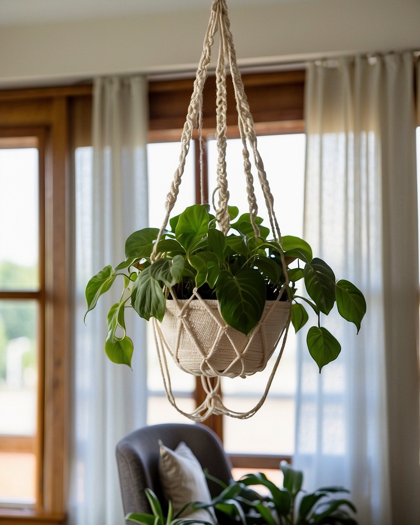 Mkono macrame hanging planter with pothos plant near window
