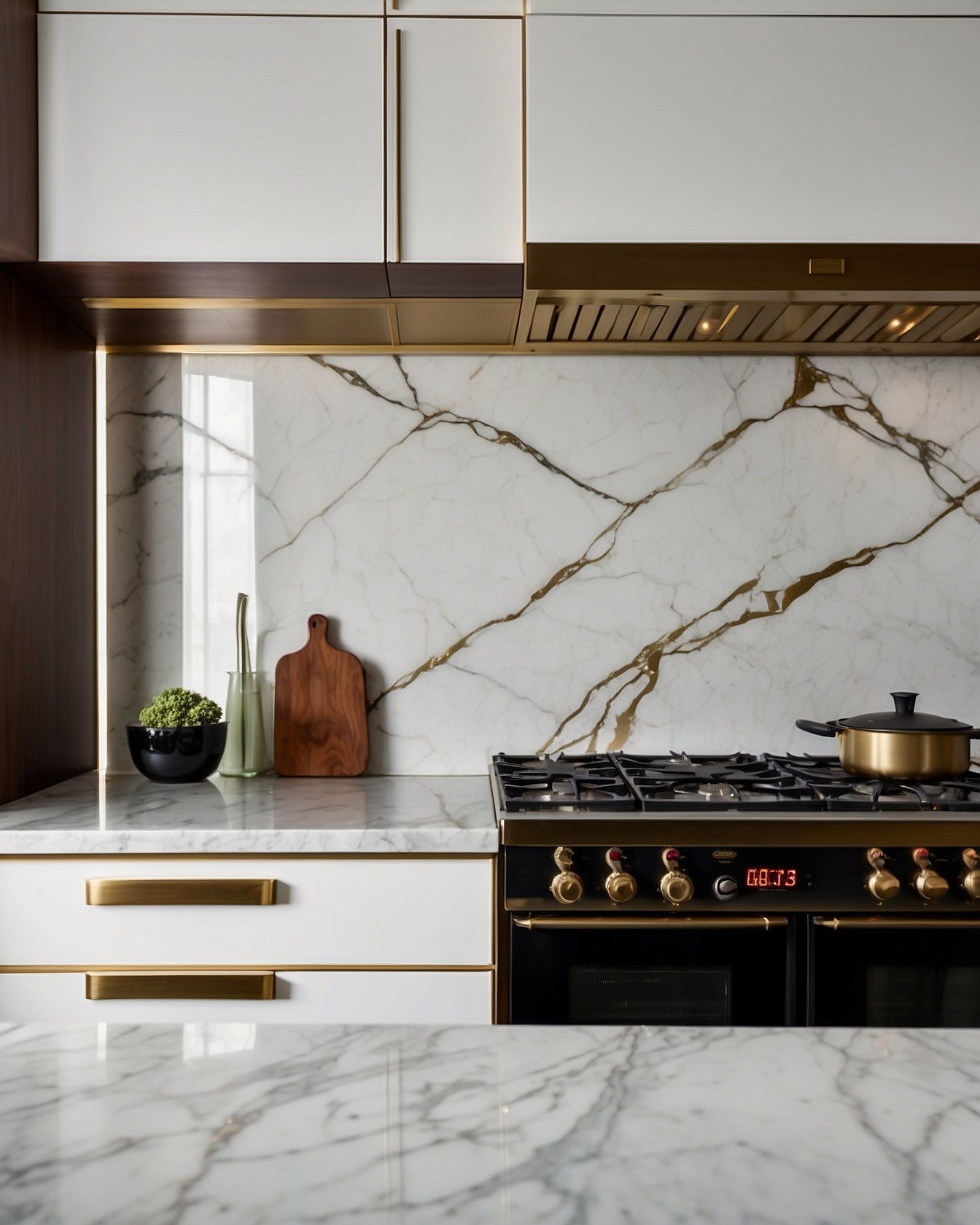 Calacatta marble slab kitchen backsplash continuous dramatic veining