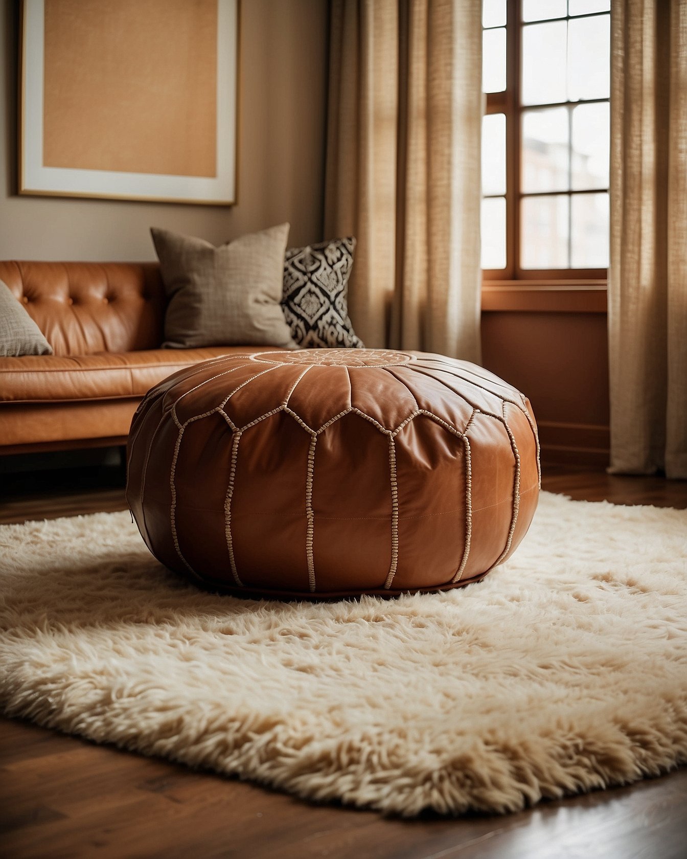 Stack of floor cushions with Moroccan leather pouf reading corner
