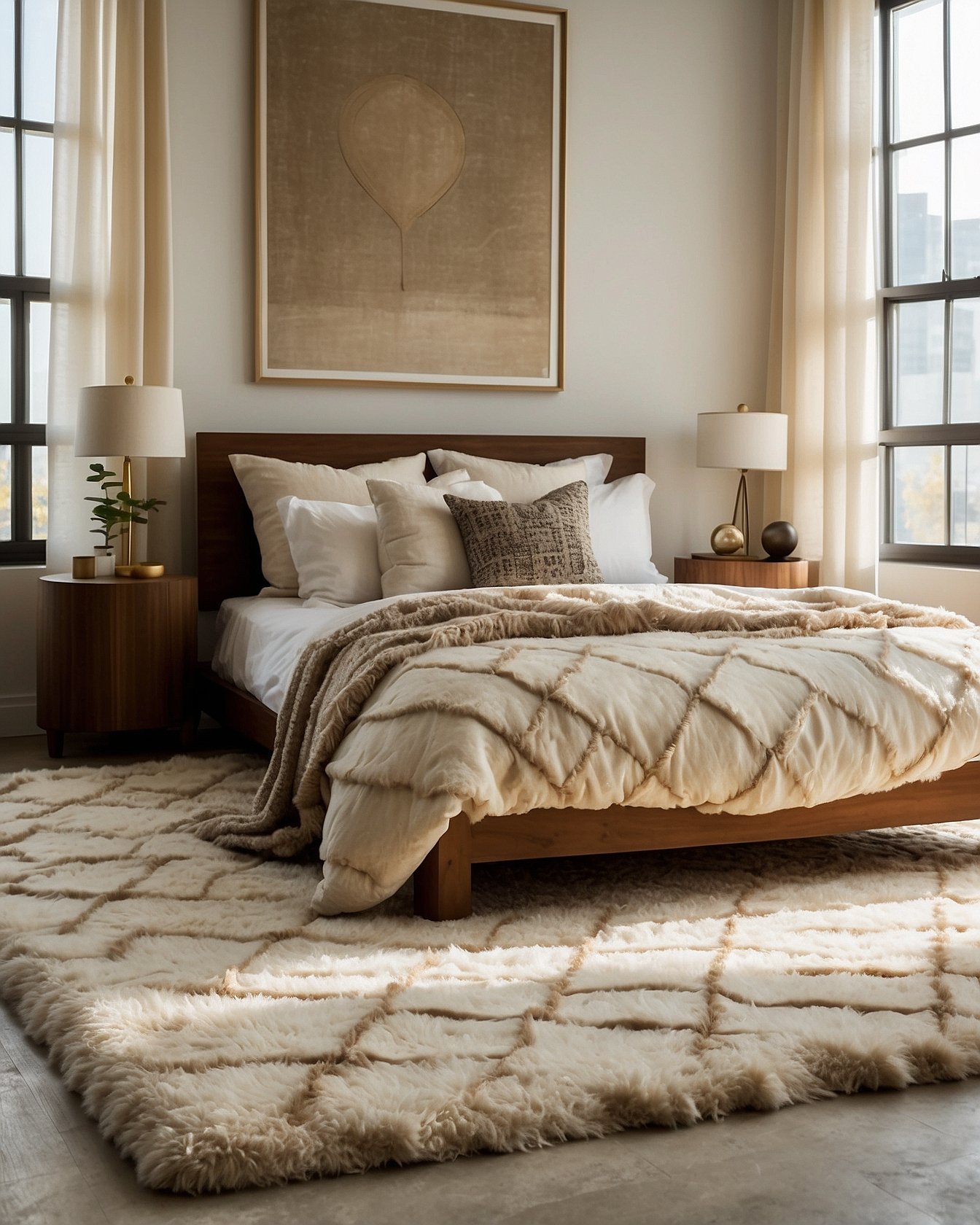 Moroccan style cream shag rug with diamond pattern in minimalist bedroom