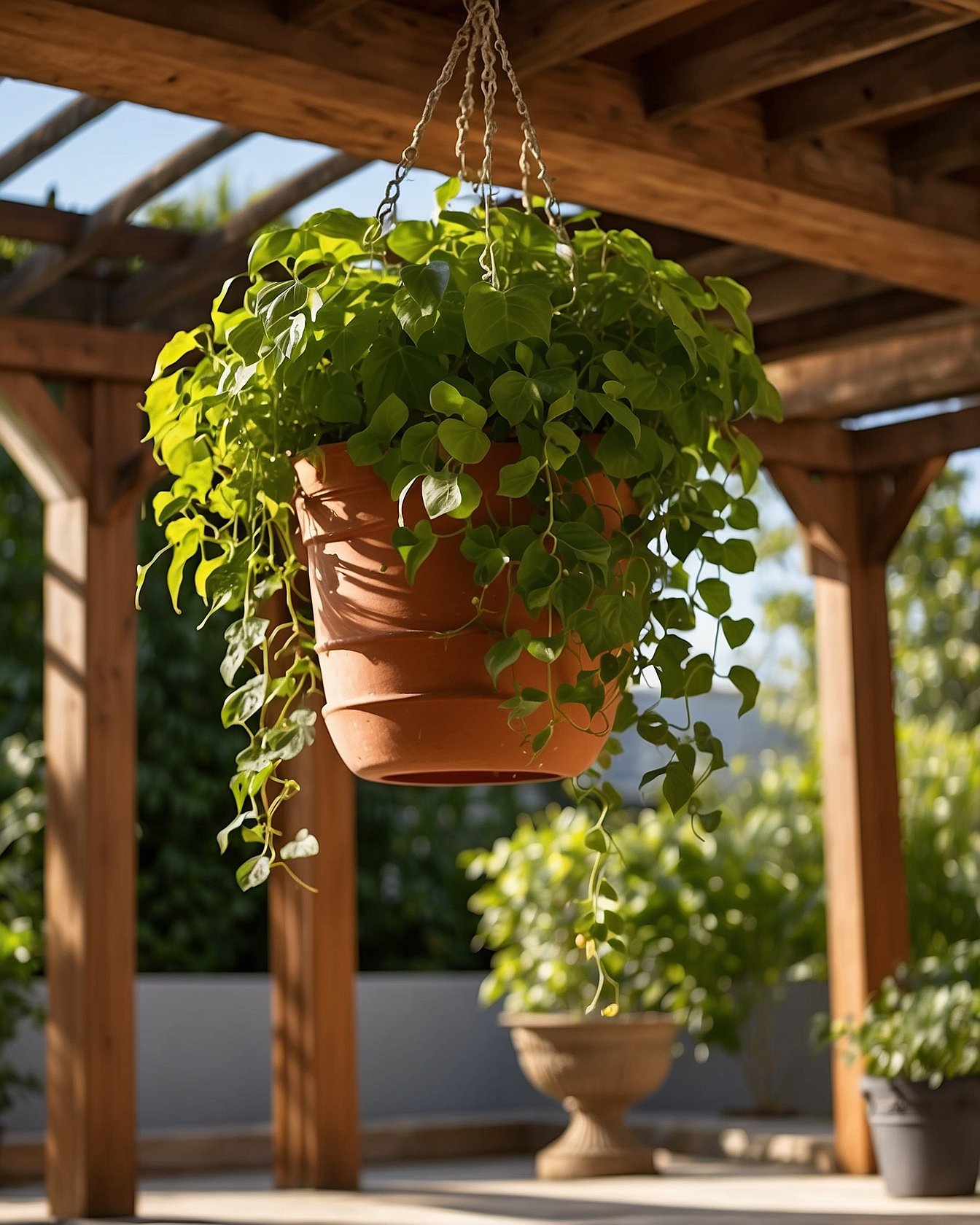 Terracotta hanging planter with pothos from patio pergola