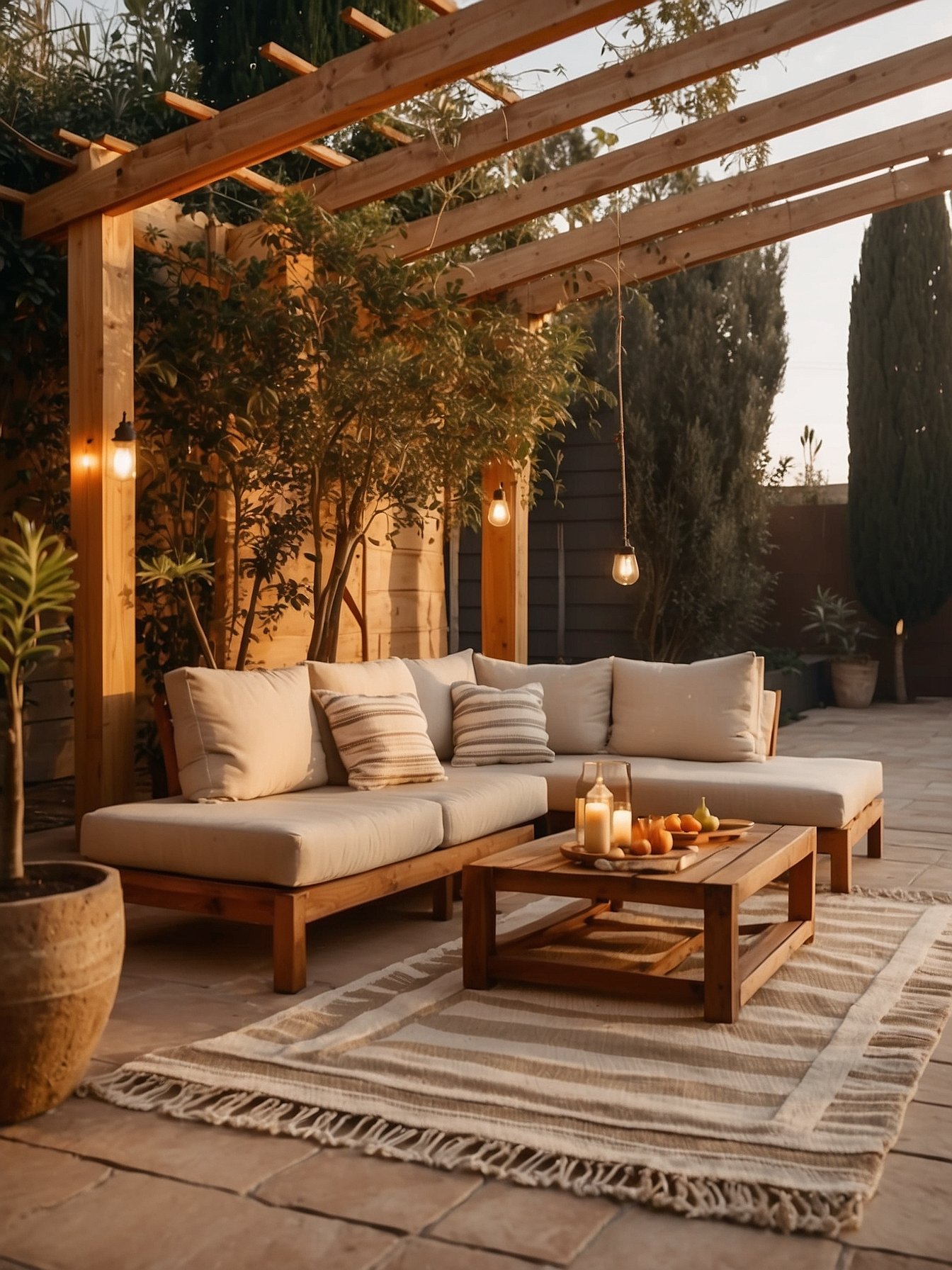 Cozy backyard patio at golden hour with string lights, outdoor sofa, striped rug and terracotta planter