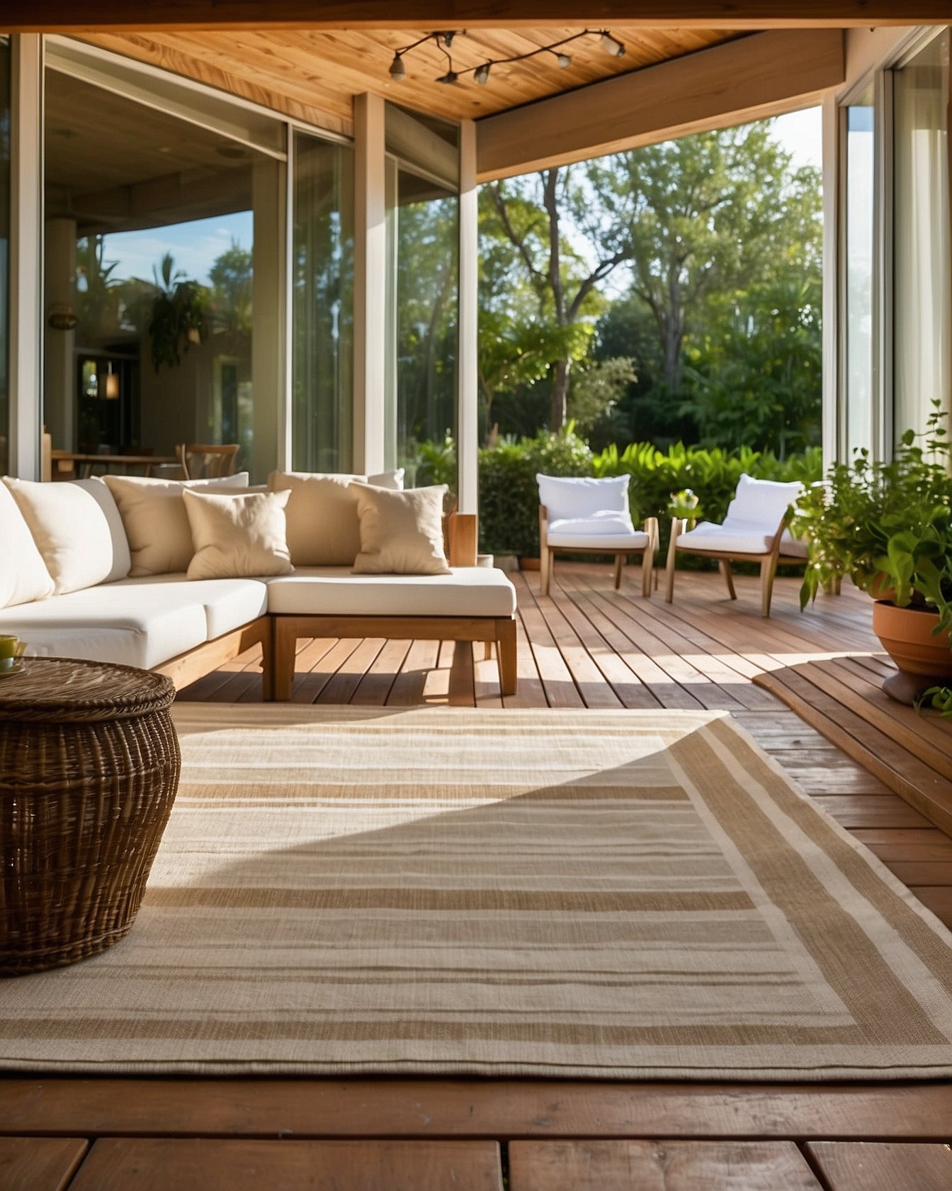 Large cream striped outdoor rug defining patio seating area