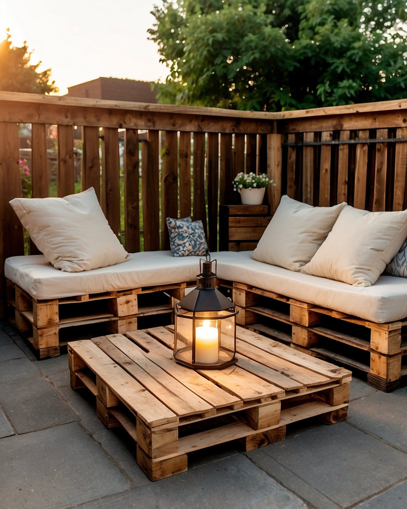 DIY pallet outdoor seating with cream cushions on patio