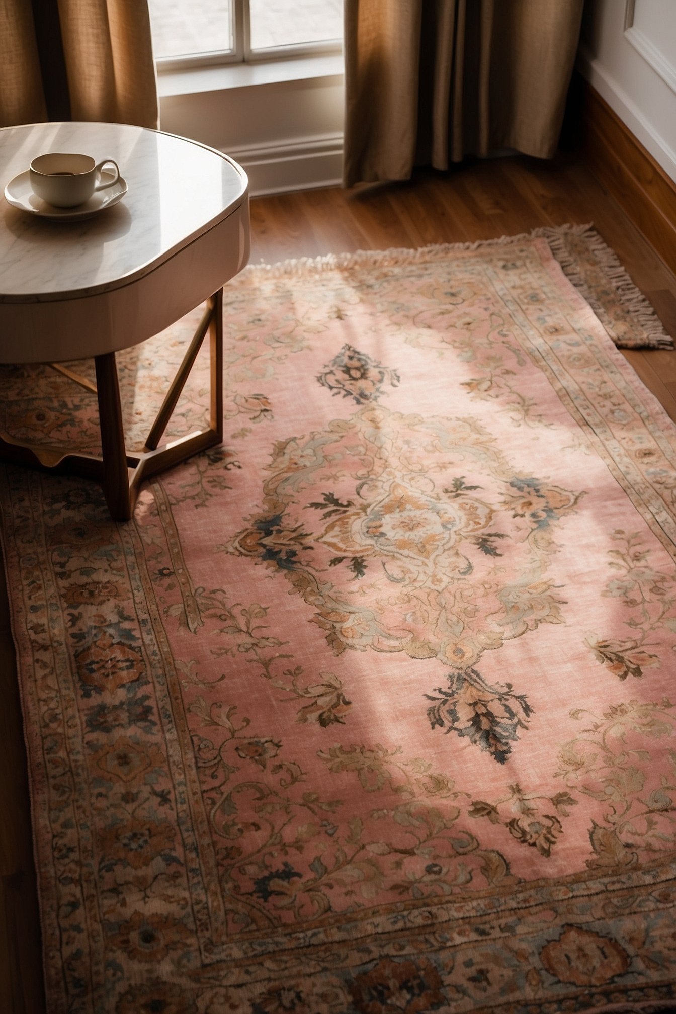 Blush pink Persian area rug with medallion design in a warm neutral living room