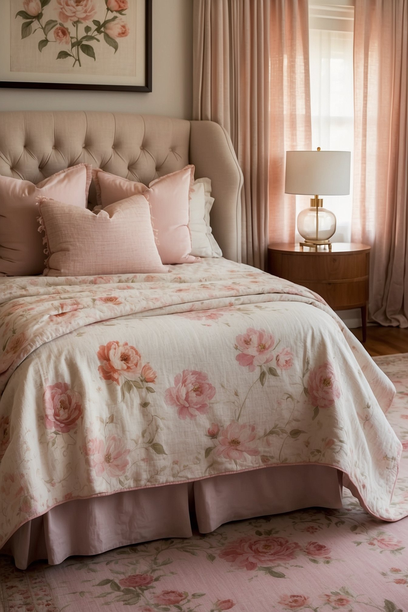 Pink floral pattern area rug with watercolor peonies and roses in a feminine bedroom