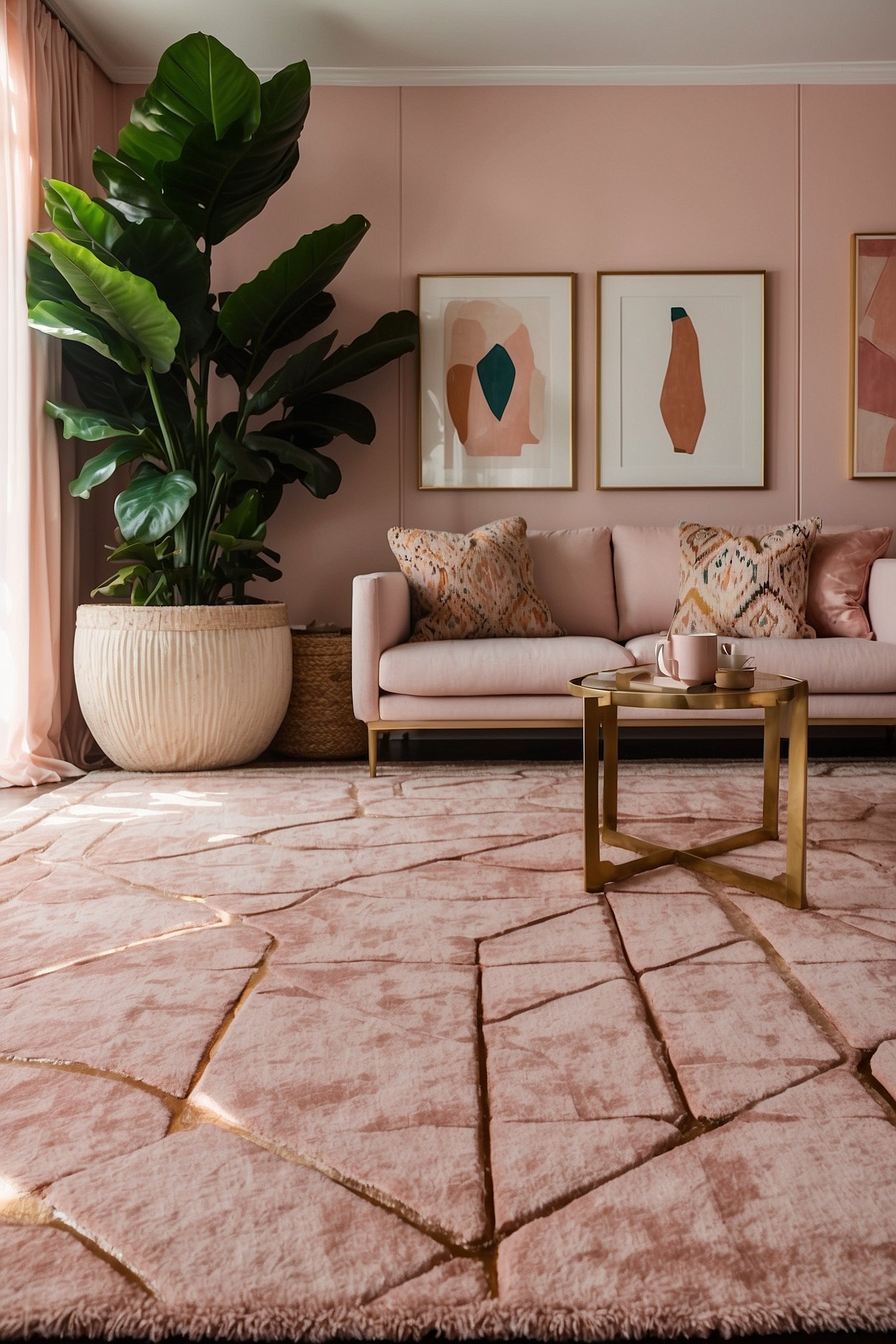 Modern geometric area rug in pink and cream tones with diamond pattern