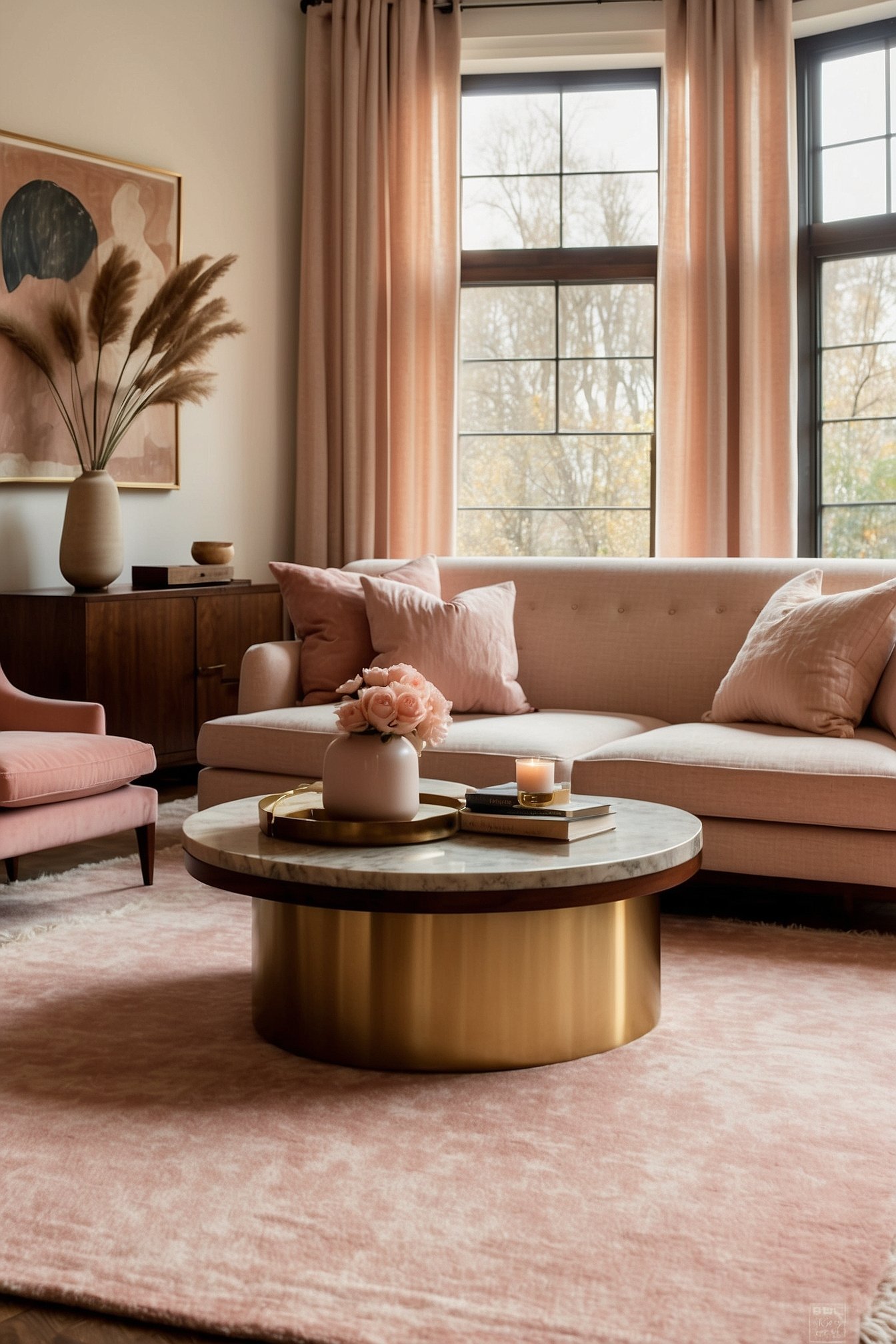 Warm neutral living room with blush pink Persian rug