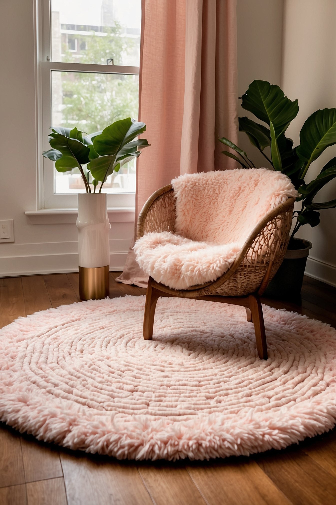 Pale pink round area rug under cream boucle reading chair with walnut floor lamp