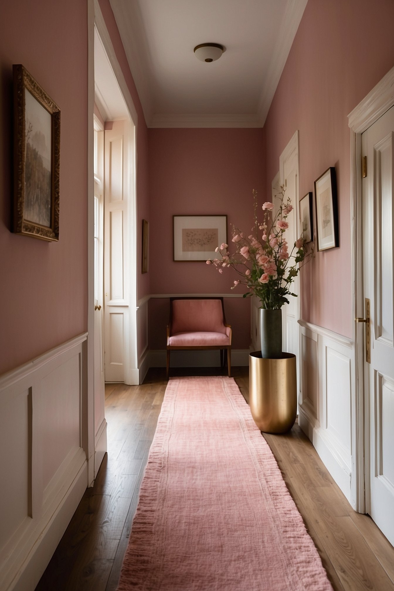 Soft pink runner rug with Moroccan pattern in a warm neutral hallway entryway