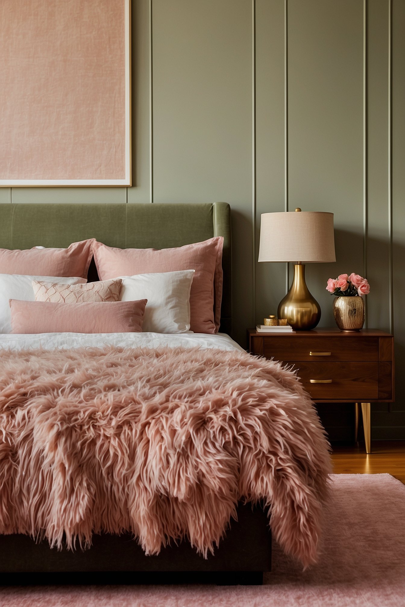 Dusty pink shag rug at the foot of a walnut platform bed with cream linen bedding
