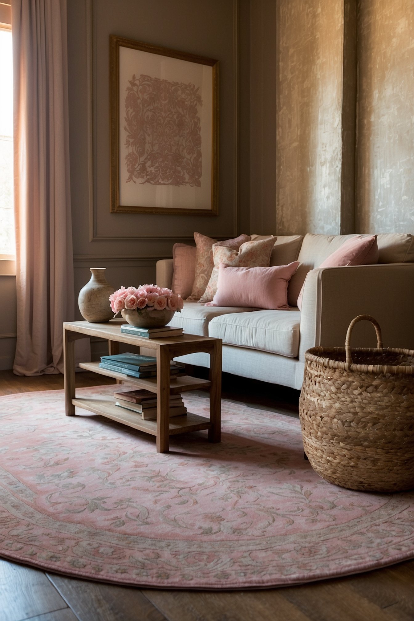 Vintage distressed pink area rug with faded antique pattern in a styled living room