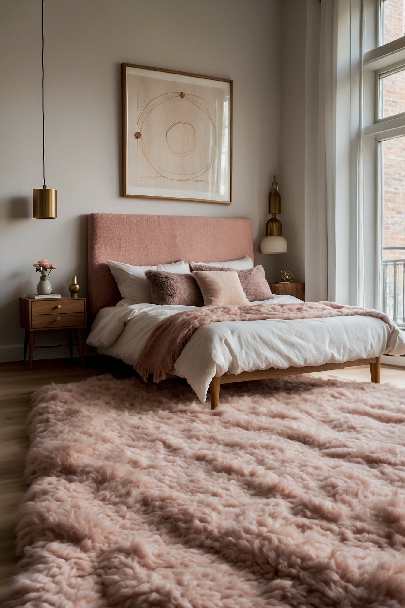 Soft pink wool Berber area rug with Moroccan diamond pattern in cream and dusty pink