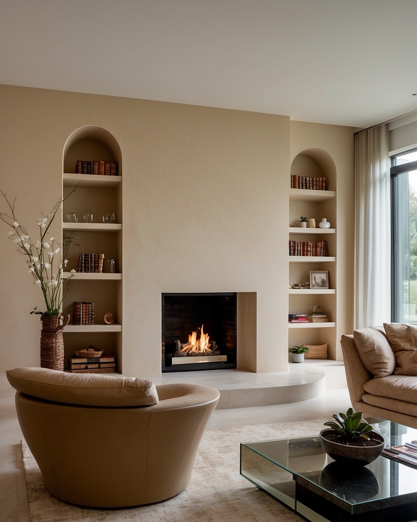 Cream plaster fireplace with built-in arched niches for decor
