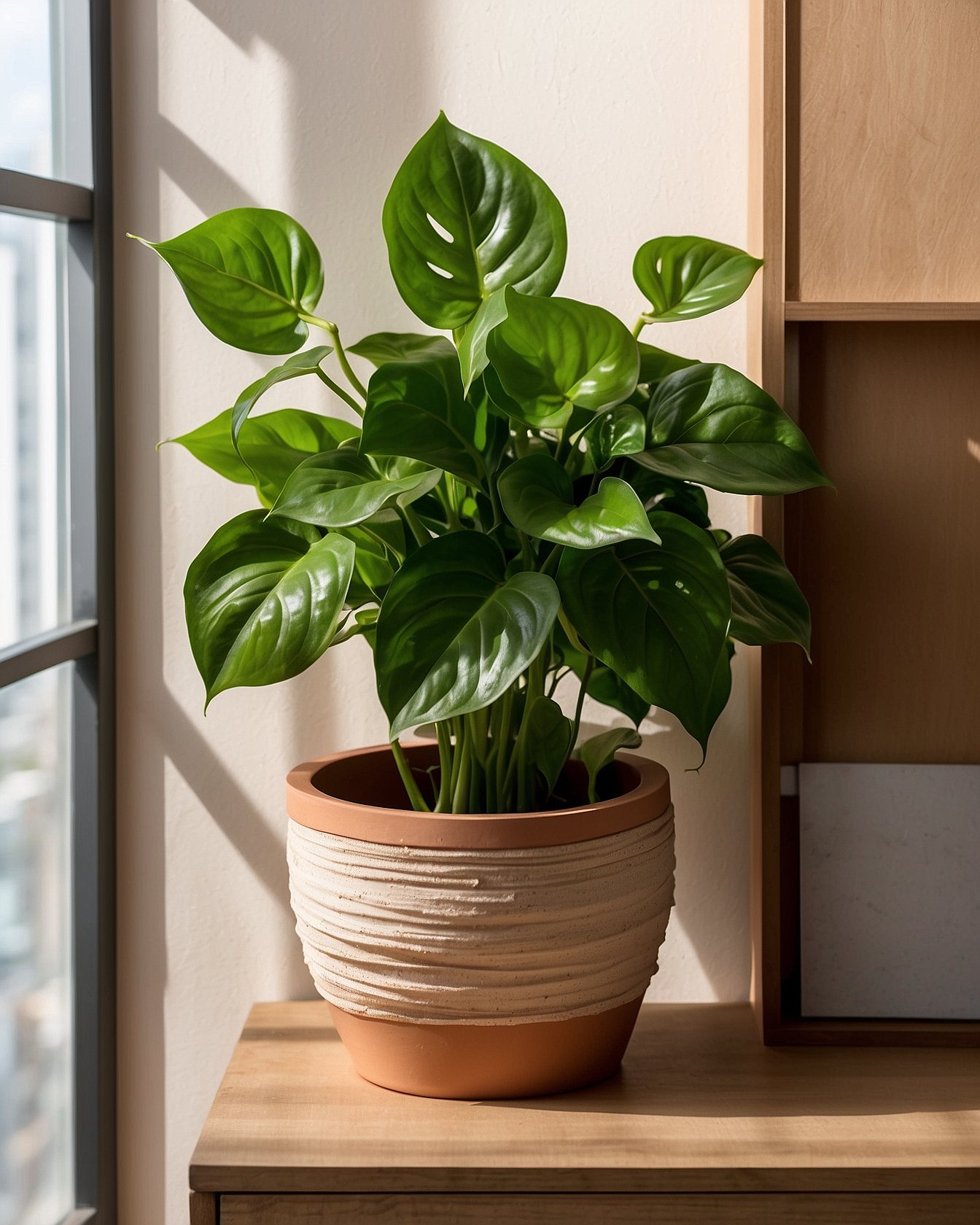 Trailing pothos plant in terracotta planter on entryway console
