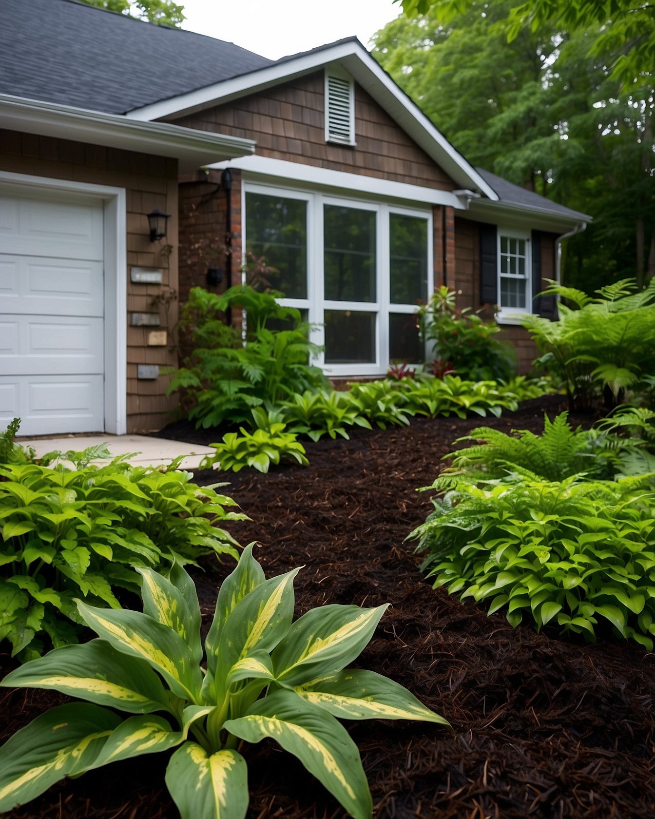 Vigoro premium brown mulch covering flower bed around hostas