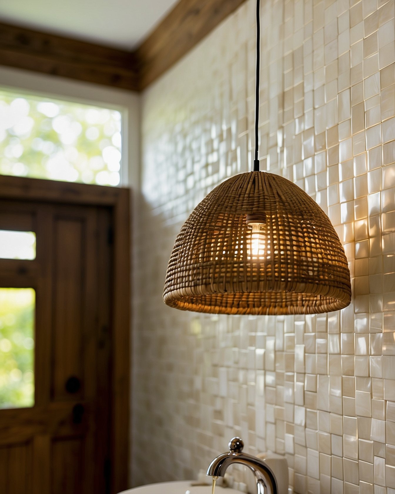 Handwoven rattan pendant light above floating walnut bathroom vanity