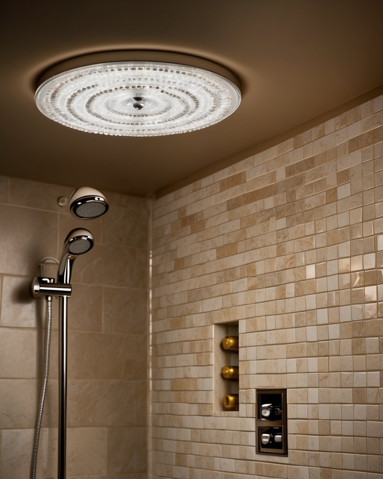 Recessed warm LED ceiling lights illuminating a marble walk-in shower