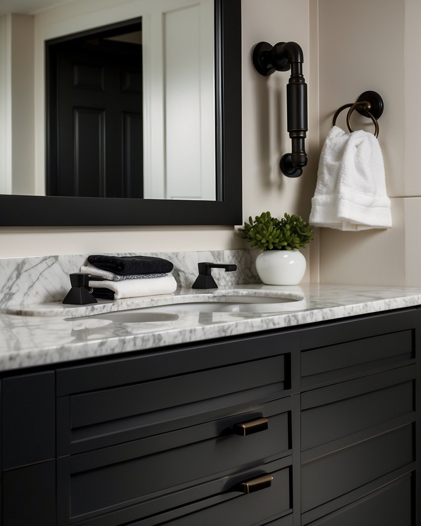 Matte black cabinet pulls on white shaker bathroom vanity