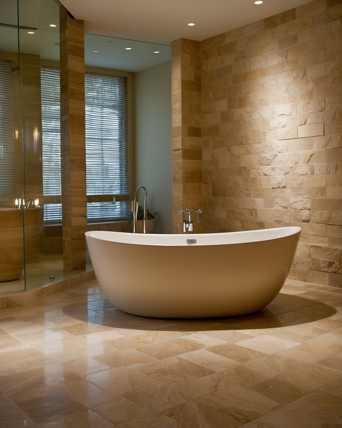 Travertine natural stone accent wall in spa bathroom with freestanding tub