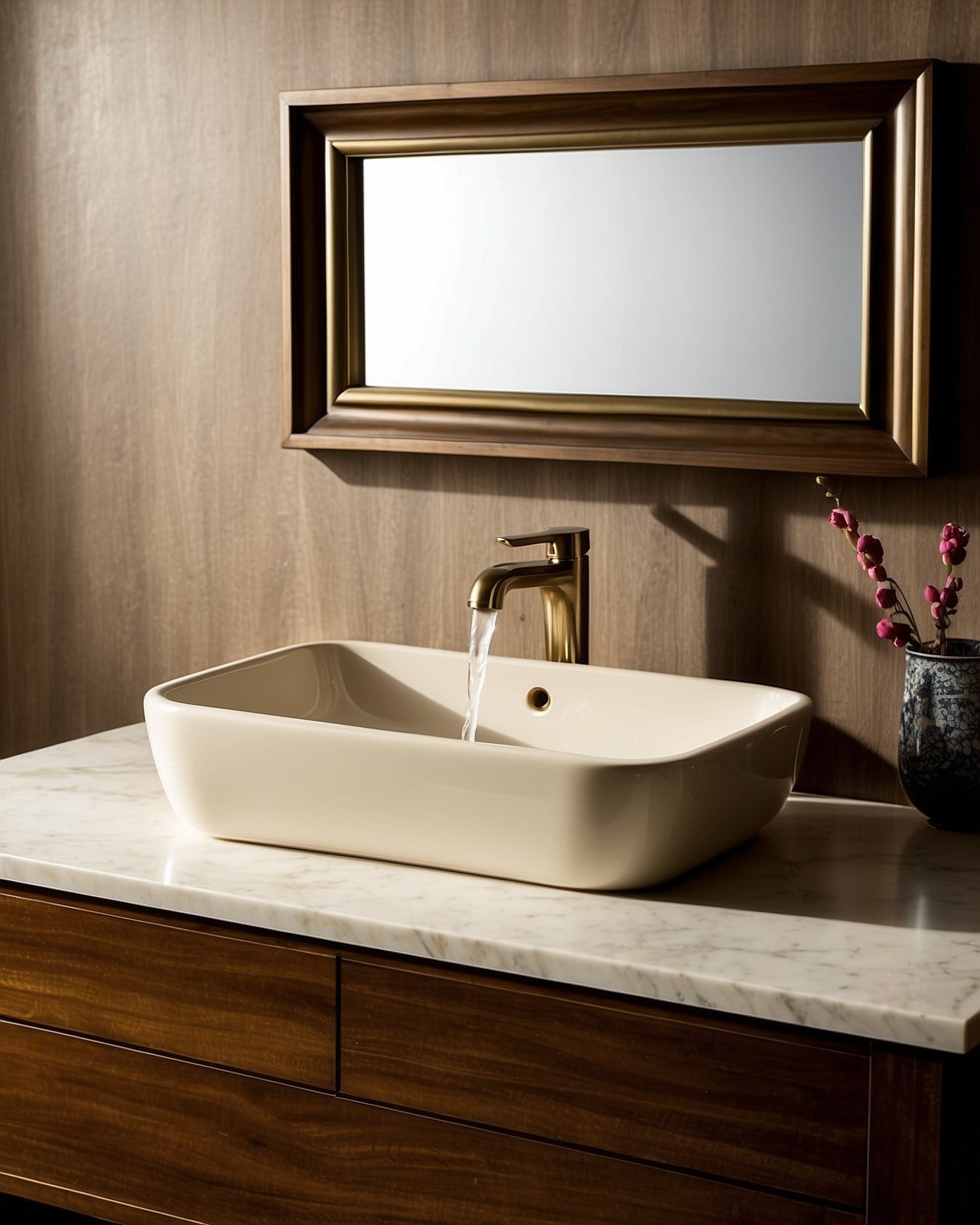 Cream porcelain rectangular vessel sink on walnut vanity with brass faucet