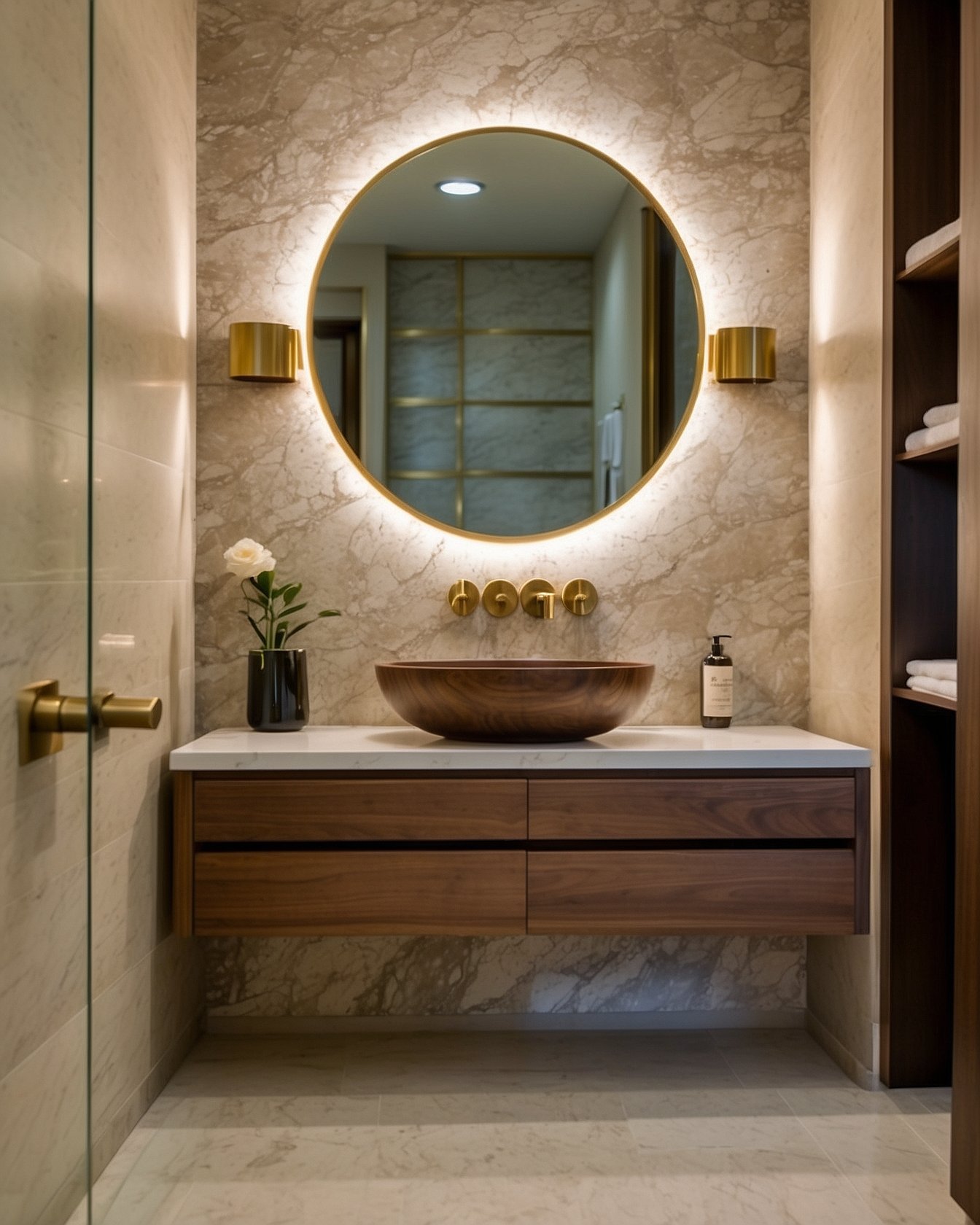 Warm walnut floating bathroom vanity with vessel sink and LED mirror