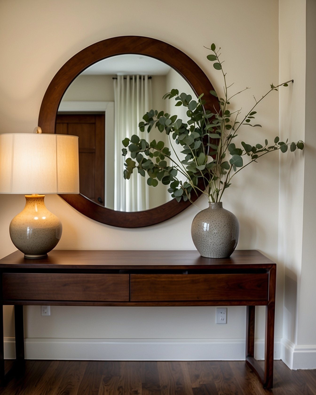 Large round wood framed mirror above walnut entryway console