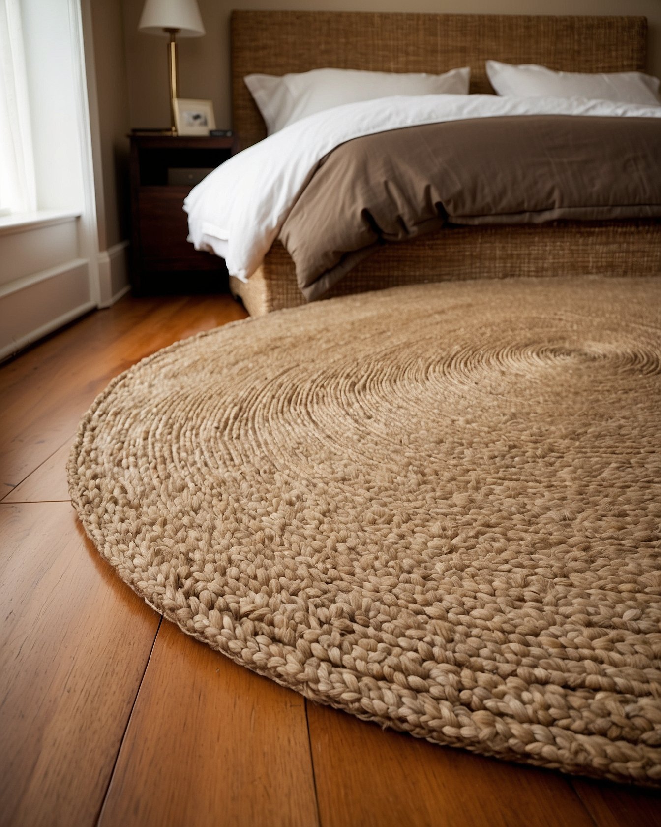 Large round natural jute rug partially under walnut platform bed