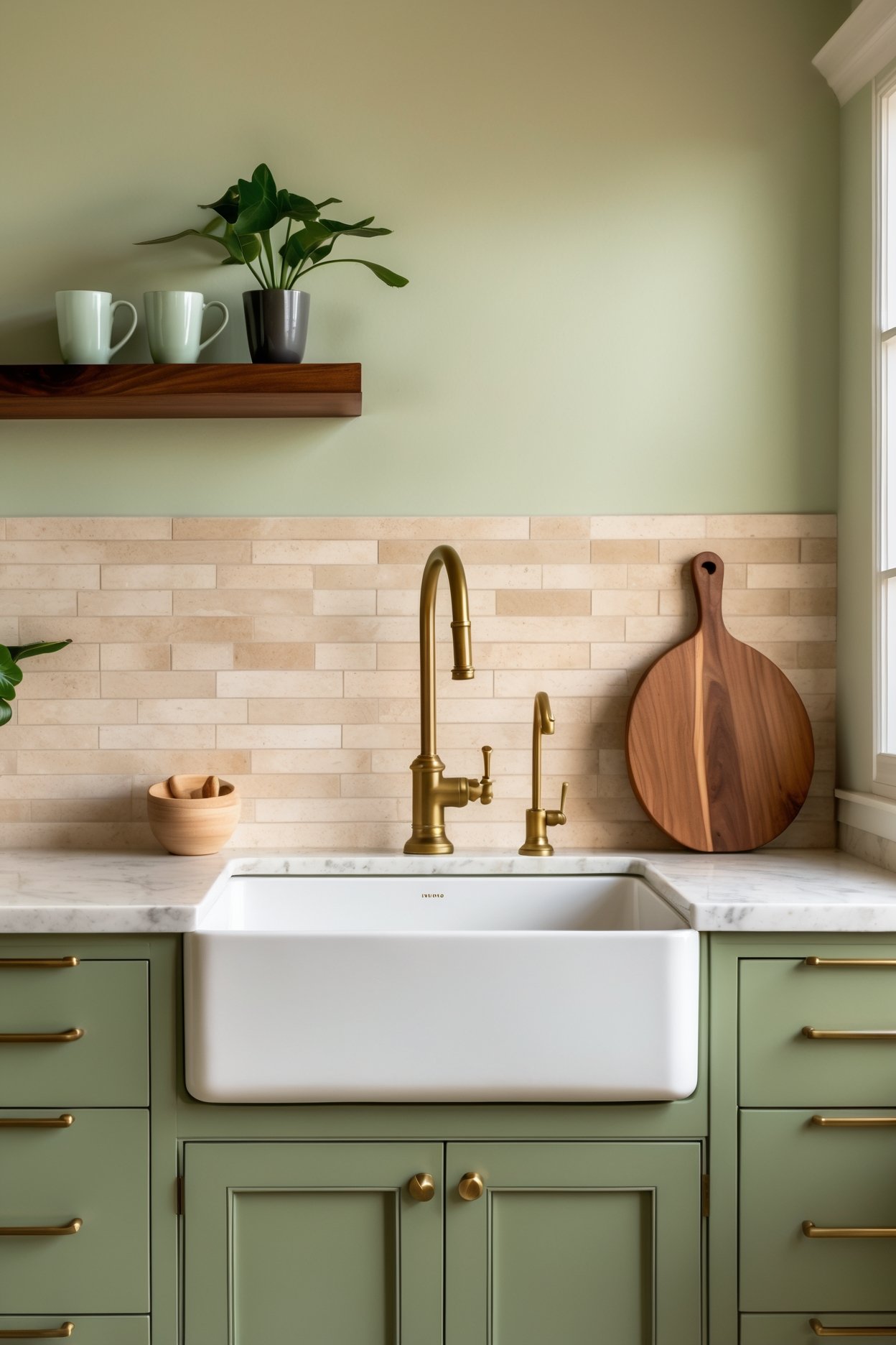 Sage green kitchen with brass bridge faucet, white farmhouse sink, marble counters and a walnut shelf