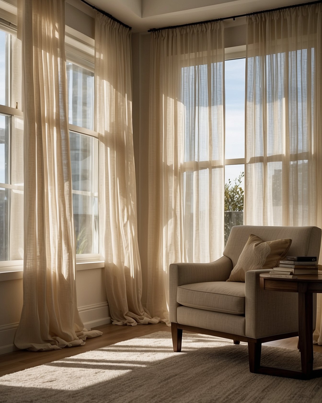 White sheer curtain panels filtering soft sunlight in bedroom
