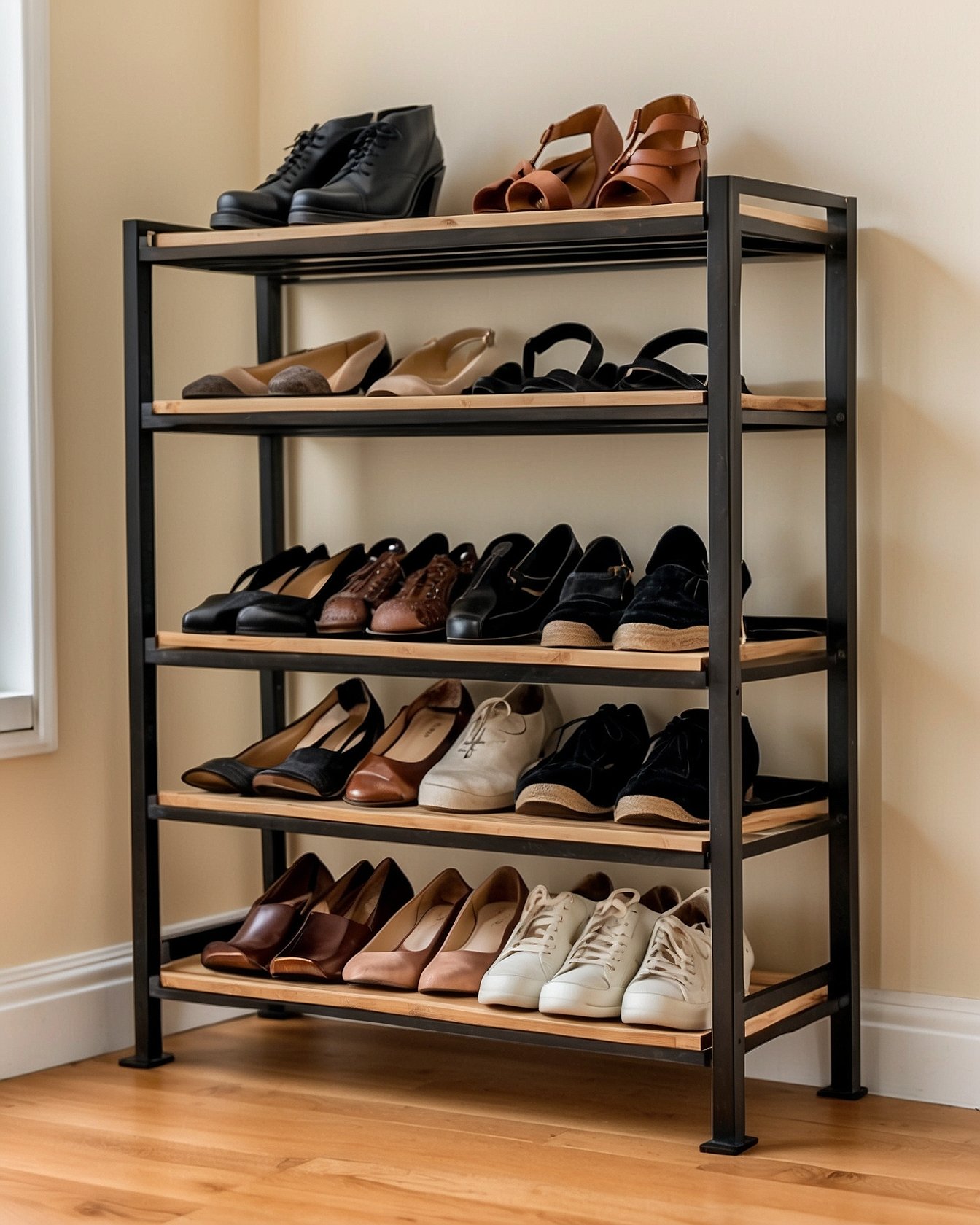 4-tier shoe rack in matte black metal holding organized shoes