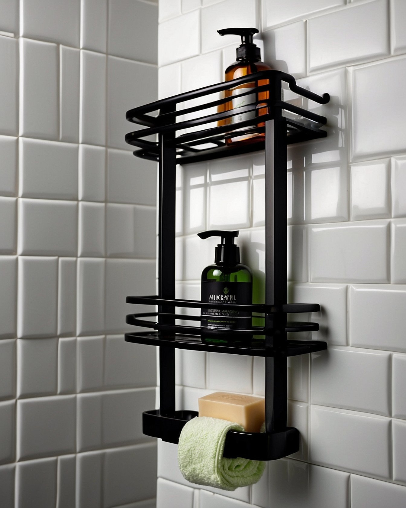 Kitsure 2-pack adhesive shower caddy matte black finish on tile wall