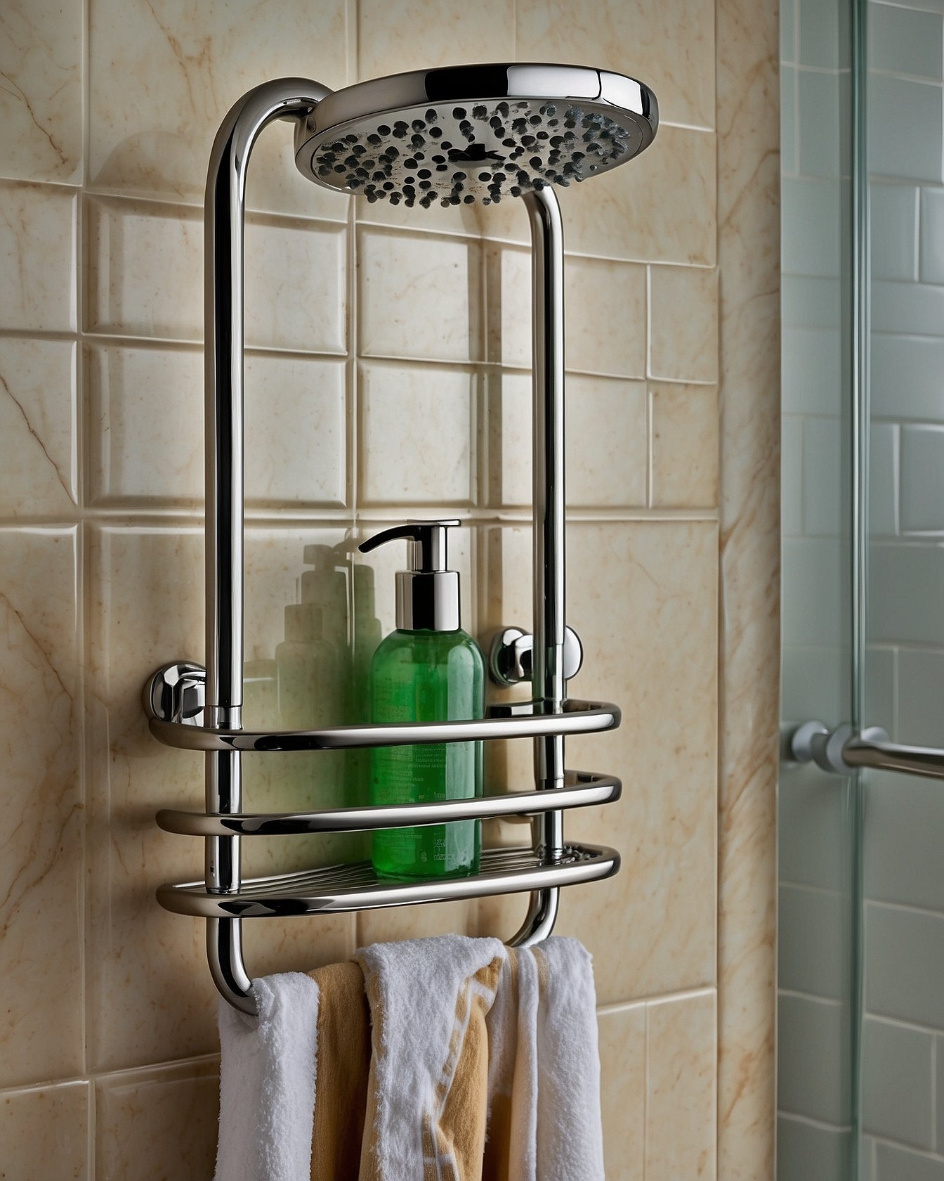 YASONIC aluminum hanging shower caddy draped over shower arm