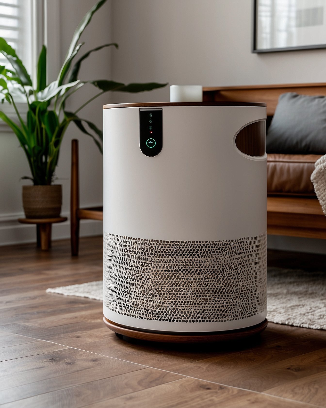 Tall cylindrical smart air purifier in white next to nightstand