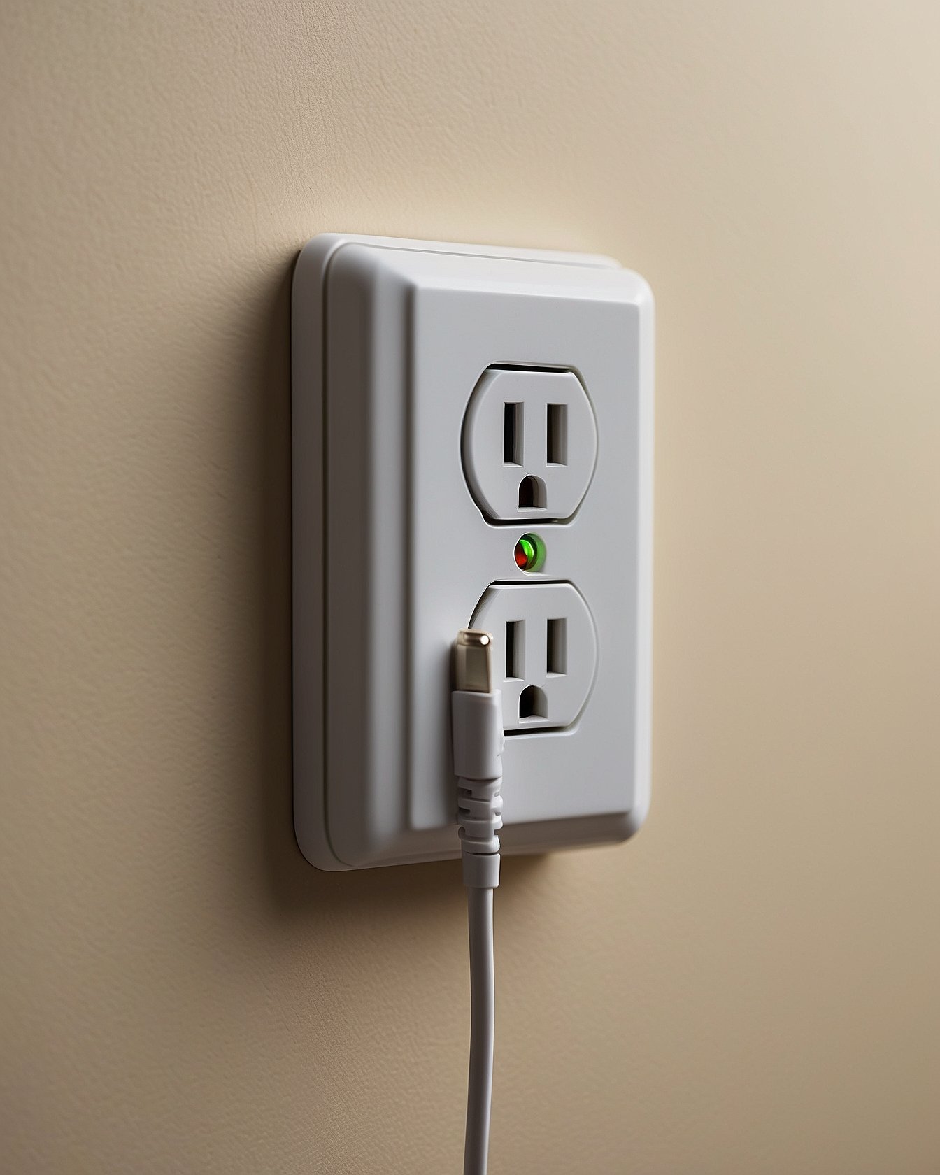 Modern white smart plug with LED indicator plugged into a wall outlet