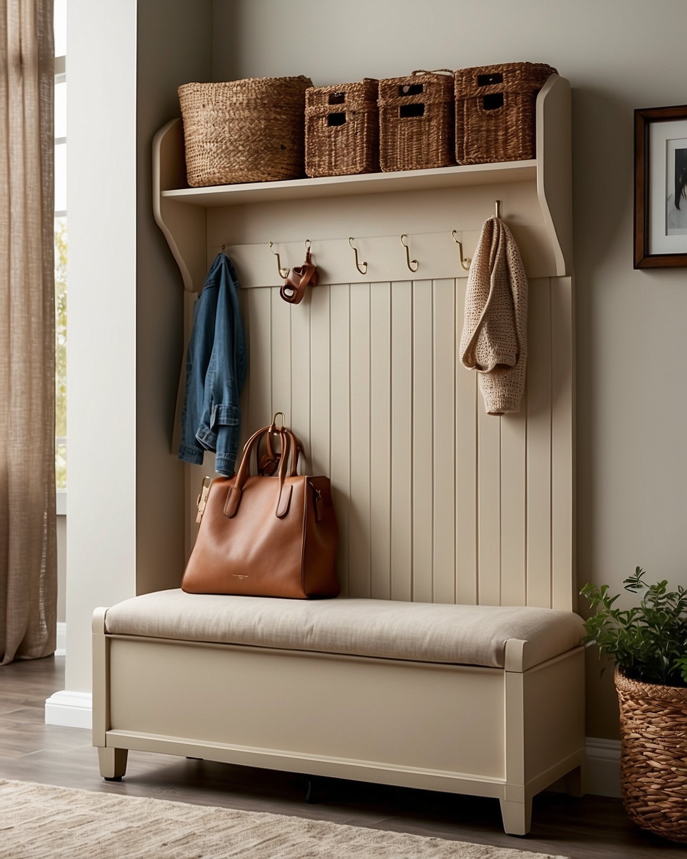 Under-stairs storage bench with baskets