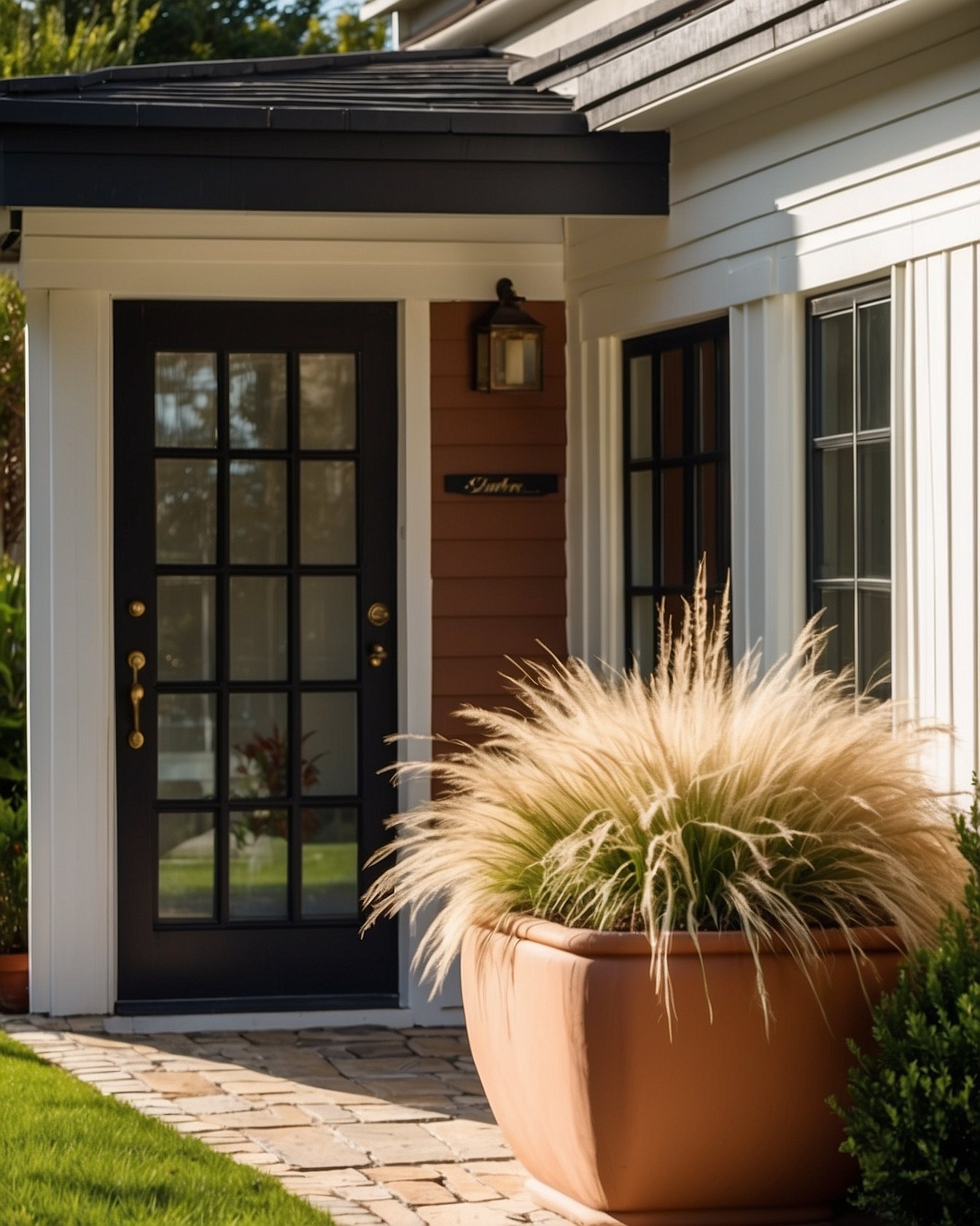 Large terracotta outdoor planter with ornamental grasses next to door