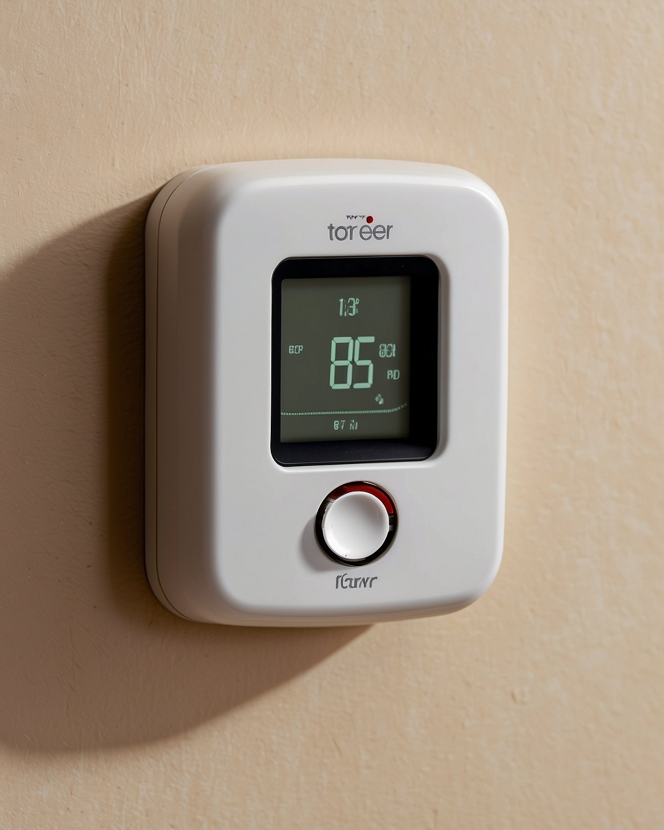 Wyze budget smart thermostat with simple LCD display on cream wall