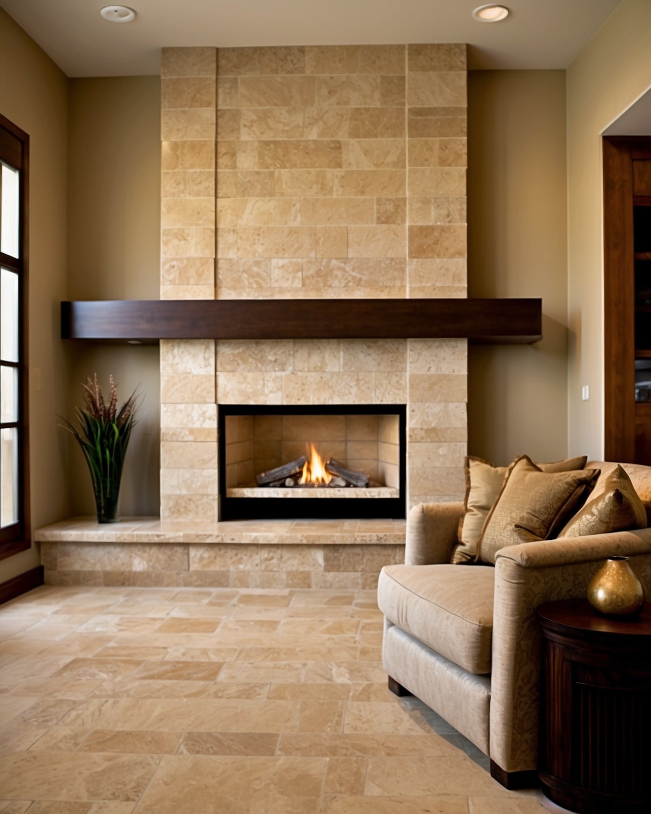 Travertine stone fireplace surround with floating walnut mantel
