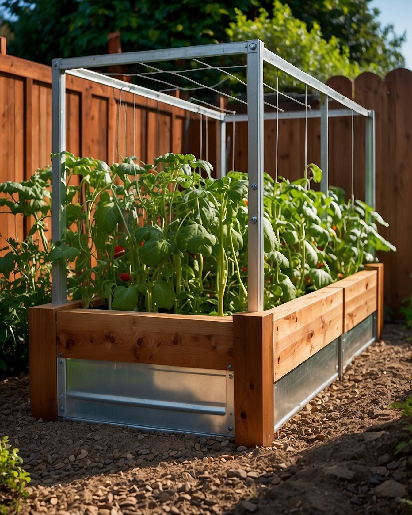 Galvanized steel raised garden bed with integrated wooden trellis