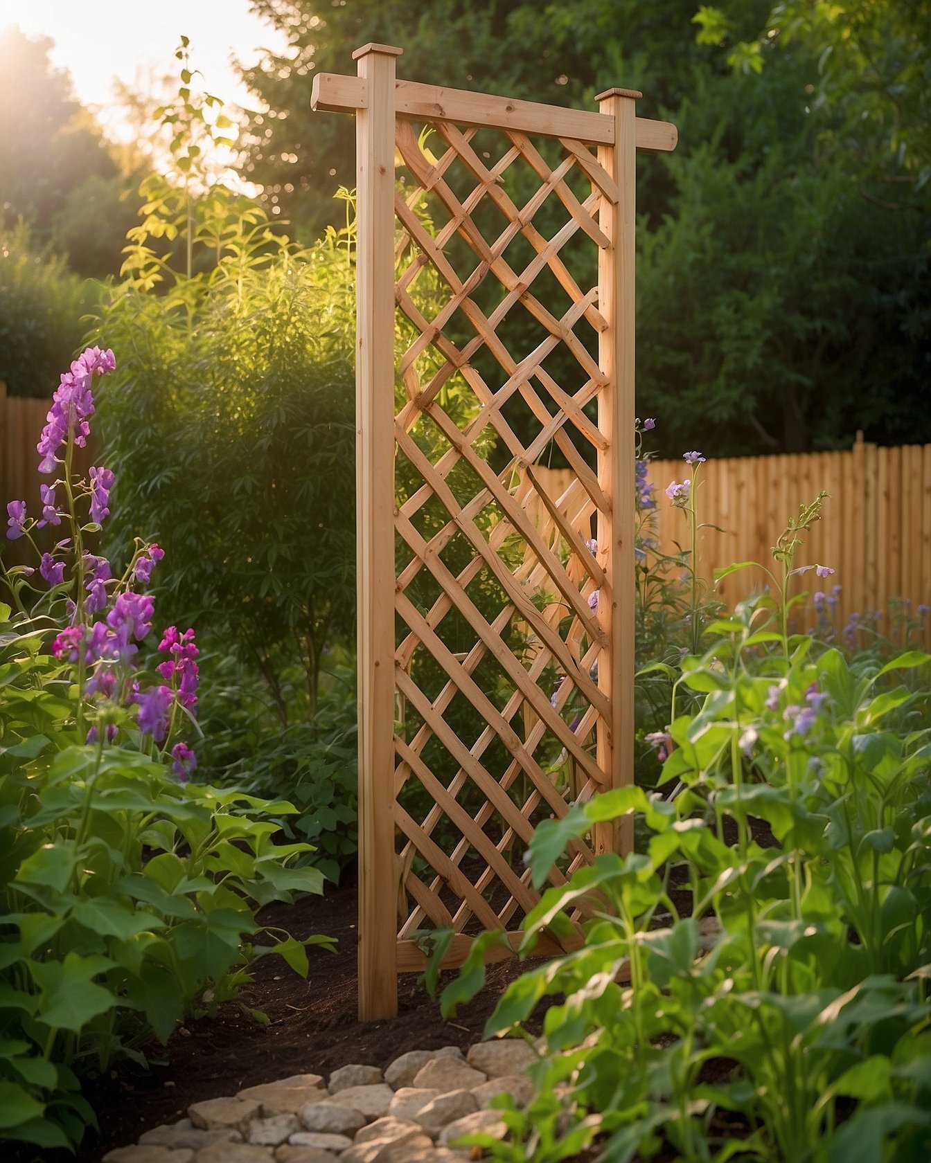 Classic wooden lattice trellis with climbing sweet peas in cottage garden